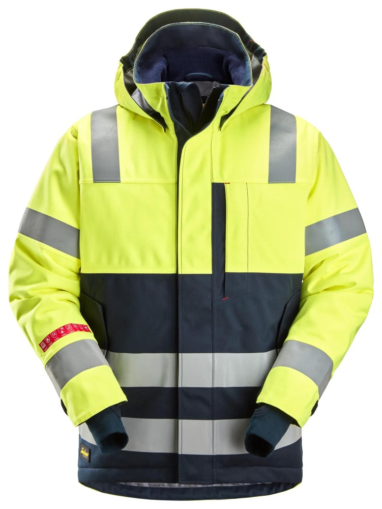 ProtecWork, Wasserdichte und wärmeisolierte Arbeitsjacke mit Kapuze, Warnschutzklasse 3