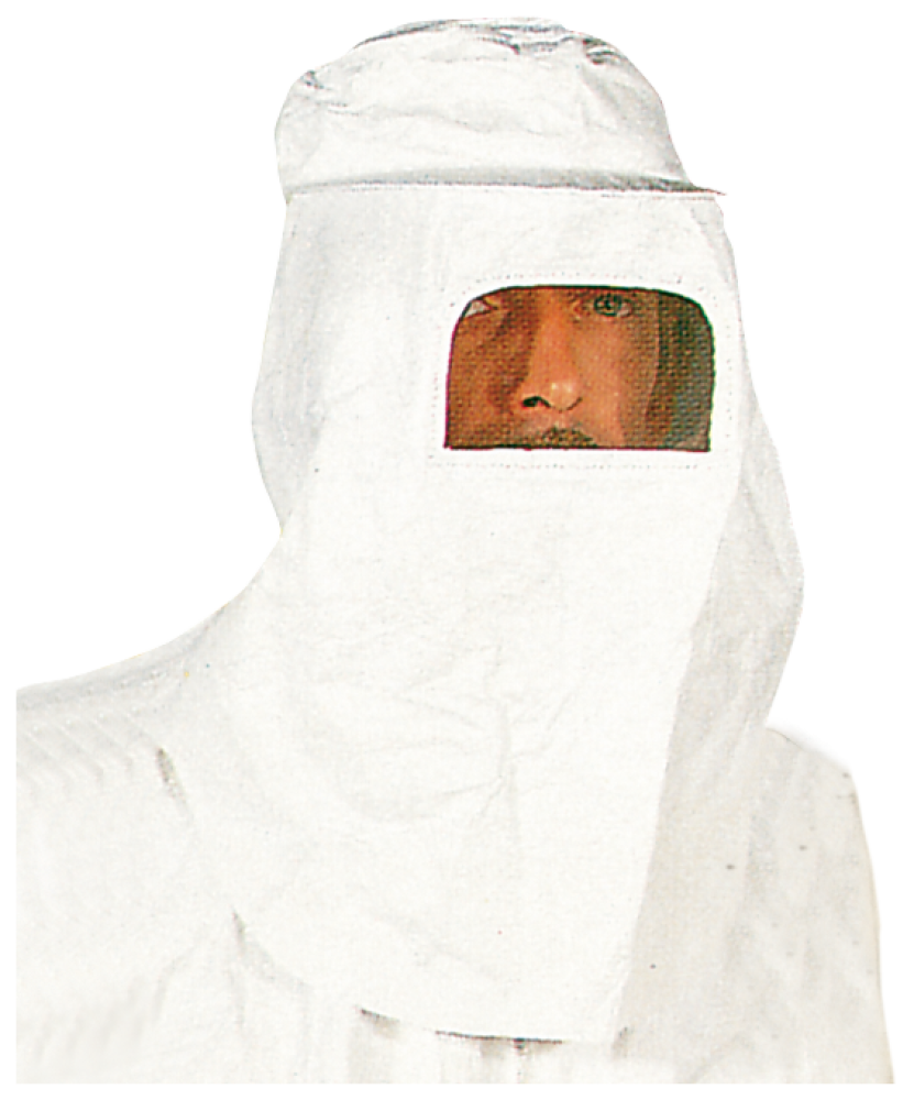 Weisse Schutzhaube aus Tyvek mit Sichtfenster und Halsschutz