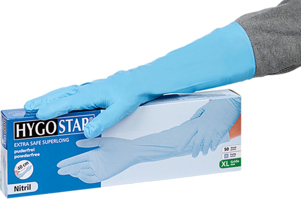 Extralange HYGOSTAR Nitril-Einweghandschuhe hellblau, 40 cm