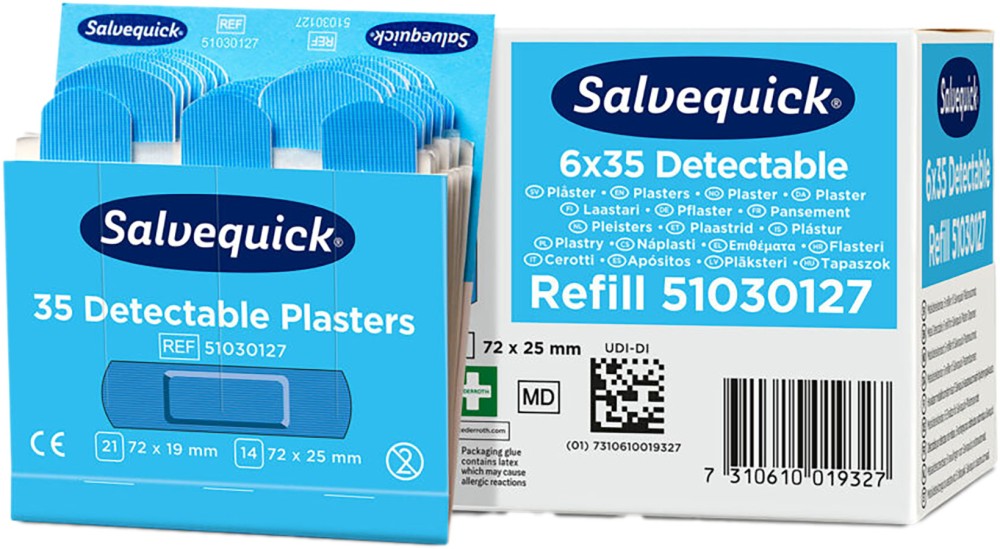 Salvequick blaues detektierbares Textilheftpflaster mit Metalldraht, 6 x 35 Stück