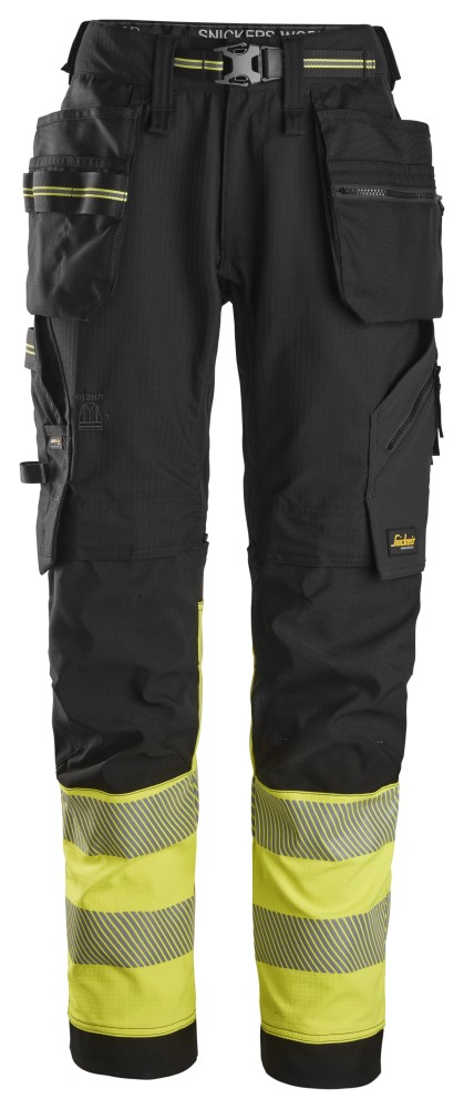 High-Vis, Stretch-Arbeitshose mit Holstertaschen, Warnschutzklasse 1