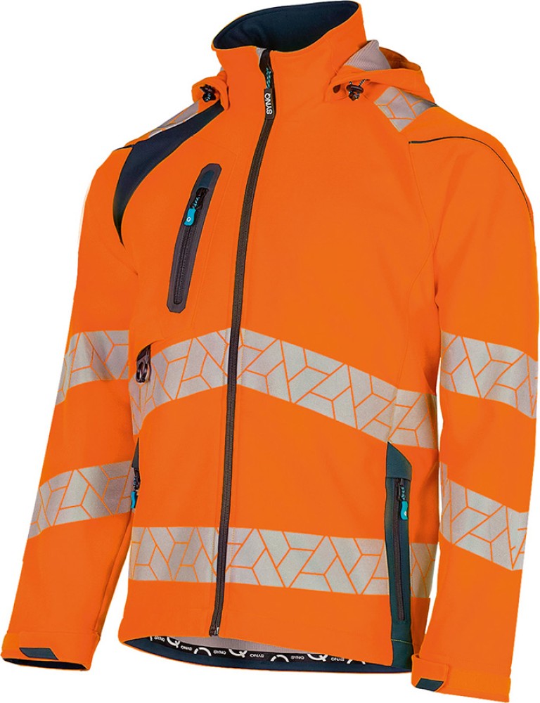 Warnschutzjacke Softshell SYNQ DETEQTOR, leuchtorange/marineblau, recycelt