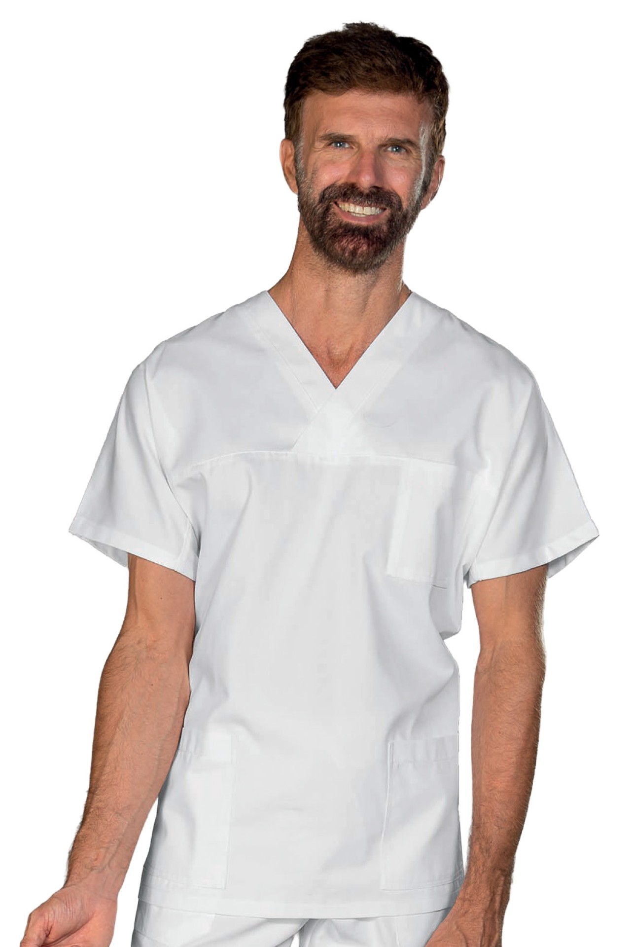 Unisex-Tunika mit V-Ausschnitt, weiß, OEKO-TEX® STANDARD 100, Zertifikat Nr. 25CX- Isacco