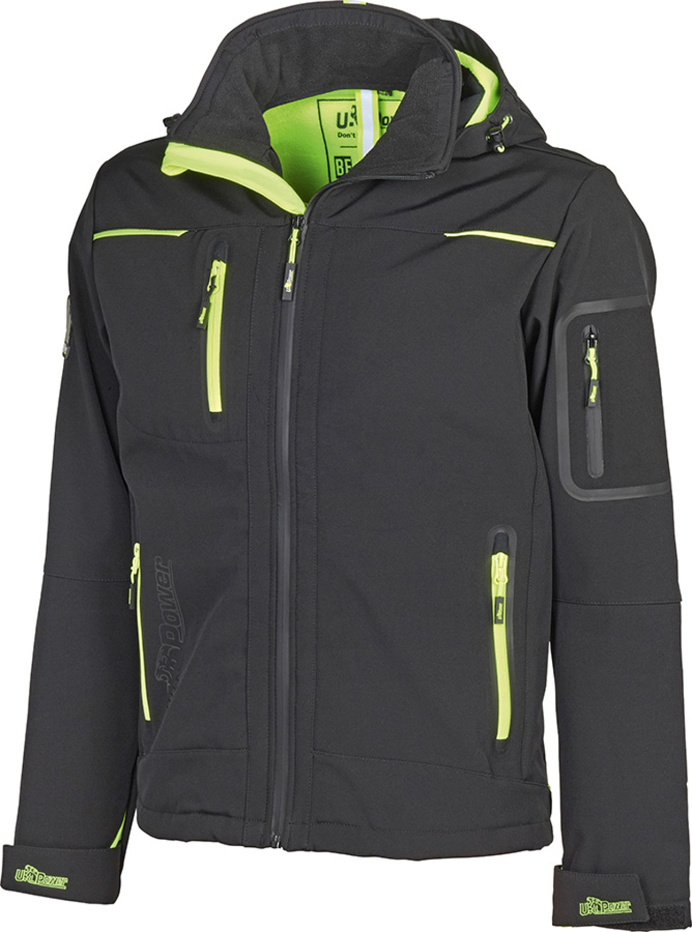 U-POWER SPACE Softshelljacke schwarz/gelb, winddicht, abnehmbare Kapuze