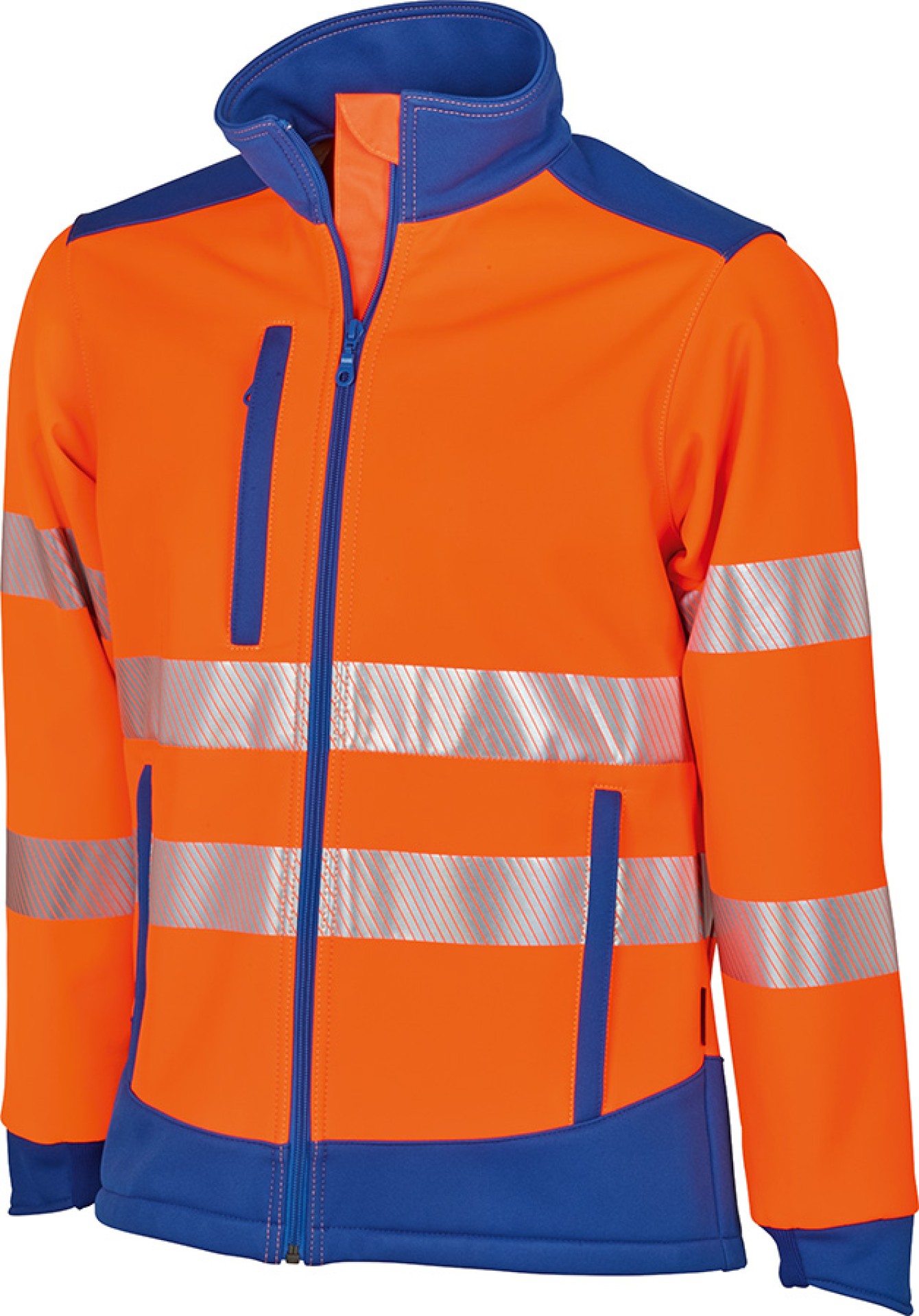 Warnschutz Softshelljacke leuchtorange-blau mit Reflexstreifen