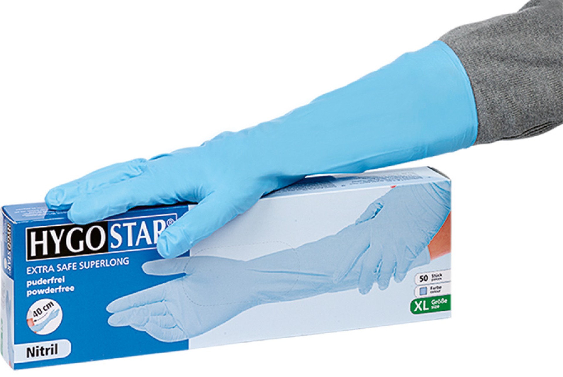 Extralange HYGOSTAR Nitril-Einweghandschuhe hellblau, 40 cm