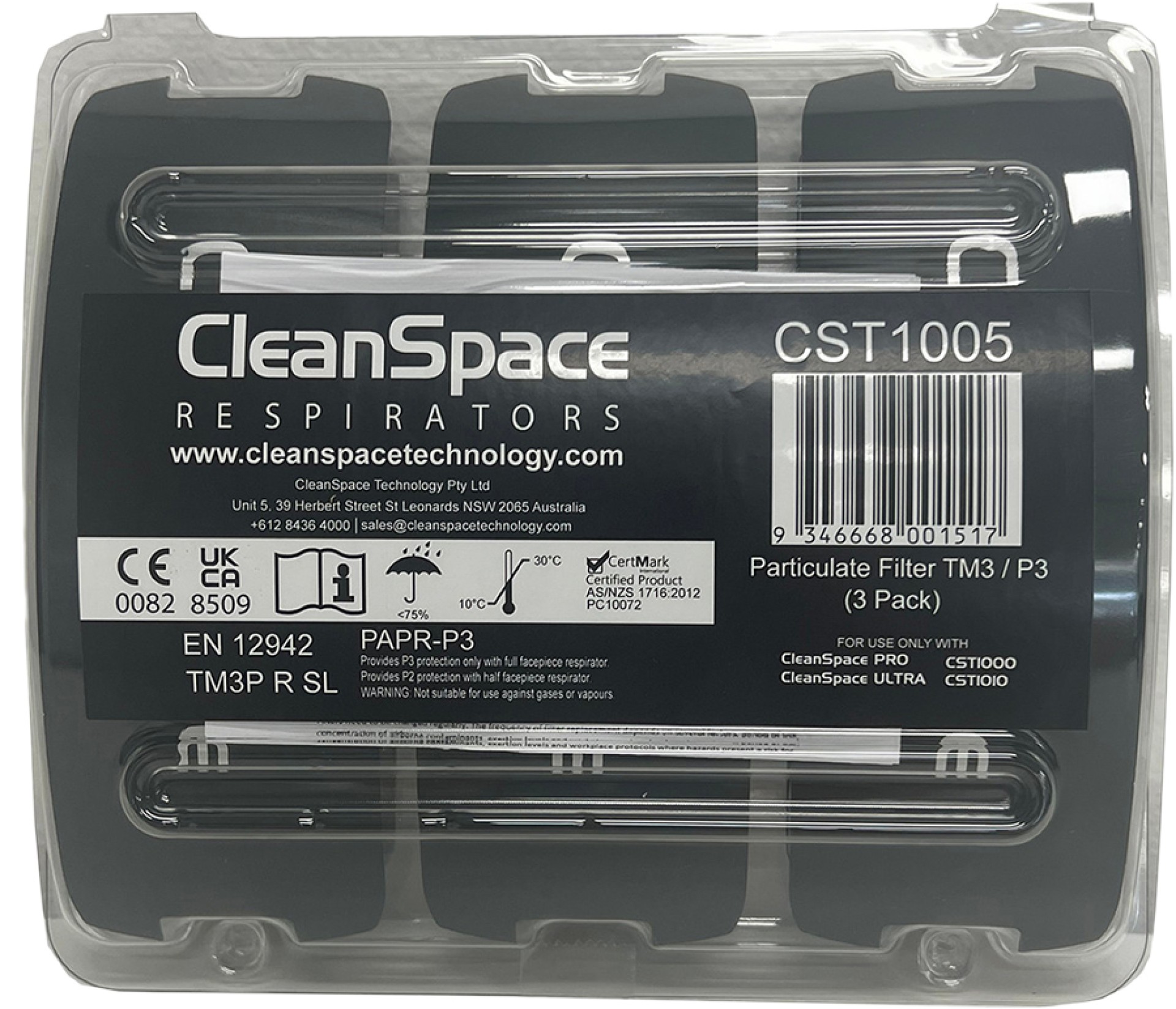 CLEANSPACE PRO TM3 P3 HEPA Partikelfilter, 3er-Pack, Schutz gegen Staub, Rauch