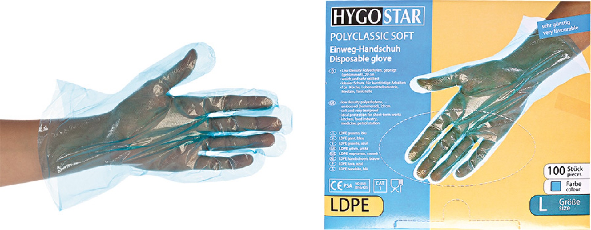 Hygostar Einweg Handschuhe blau, transparent, Grösse H, 100 Stück Spender