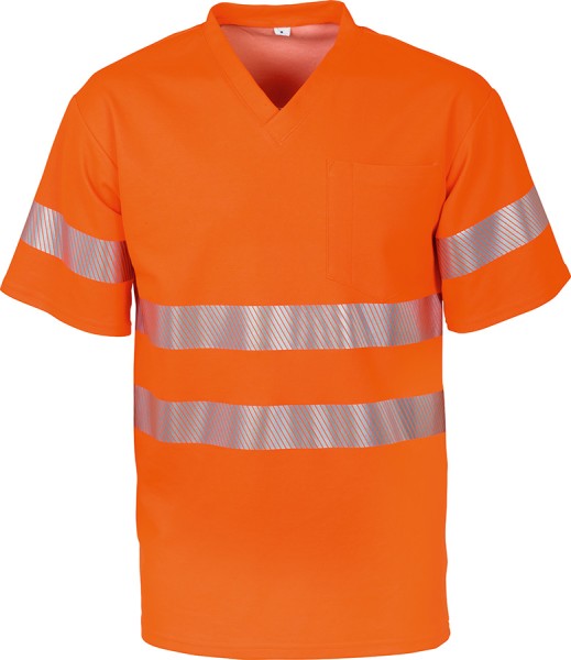 Warnschutz-T-Shirt BIOCOTTON reflexorange mit Reflexstreifen, V-Ausschnitt