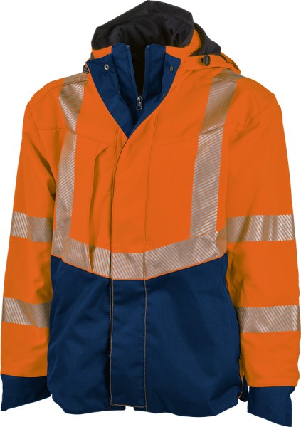 Warnschutz Softshelljacke Allwetter leuchtorange/blau mit Reflexstreifen
