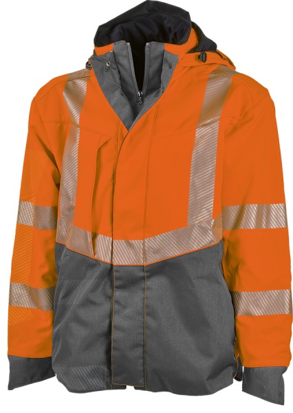 Warnschutz Softshell-Allwetterjacke mit Reflexstreifen, leuchtorange/grau