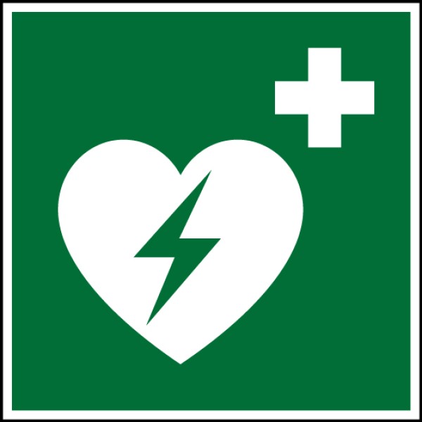Rettungszeichen Defibrillator Schild 150x150 mm, nachleuchtend