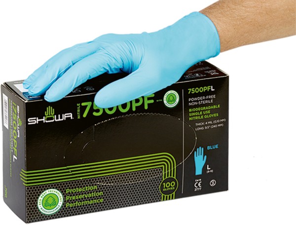 SHOWA biologisch abbaubare Einweghandschuhe Nitril, ungepudert, hellblau