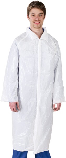 Hygostar Einweg-Berufskittel aus Polyethylen, weiss, Druckknopf, unisex