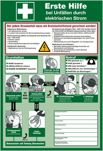 Kunststoff-Schild Erste Hilfe bei Stromunfaellen 595x410 mm