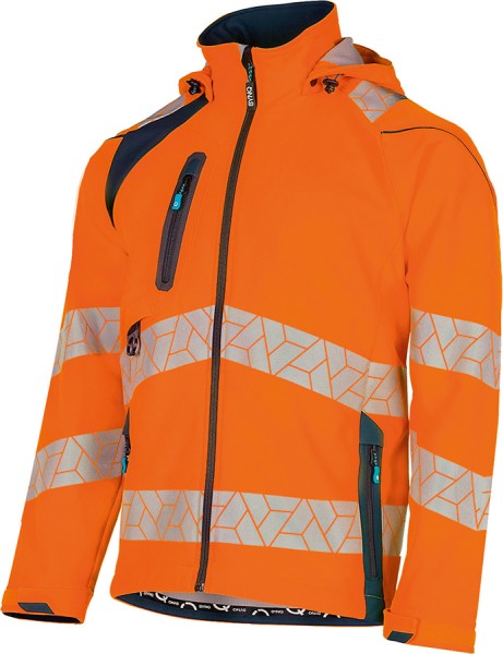 Warnschutzjacke Softshell SYNQ DETEQTOR, leuchtorange/marineblau, recycelt